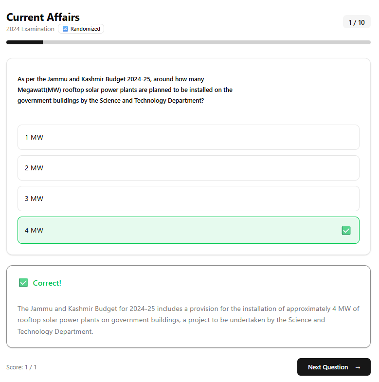 Quiz showing correct answer highlighted in green with explanation