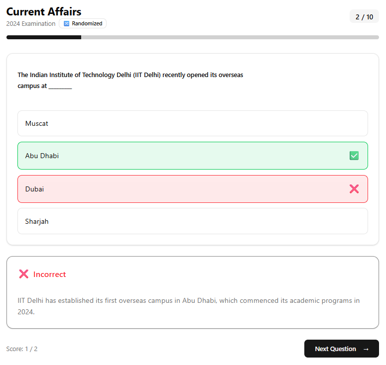 Quiz showing incorrect answer in red and correct answer in green